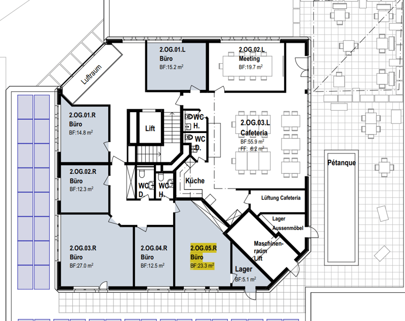 Floor plan with multiple rooms including offices, meeting rooms, kitchen, cafeteria, and storage areas.