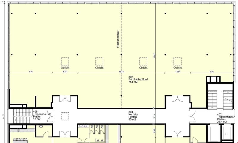 Floor plan with multiple rooms, staircase, and dimensions provided