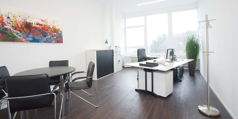 modern office, white walls, wooden floor, round table, black chairs, white desk, computer, monitor, cabinet, potted plant, large windows