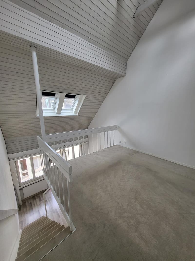 Staircase leading up to the top floor with white handrail, white walls, grey ceiling, carpeted floor, two windows at the ceiling, and two wall-mounted radiators