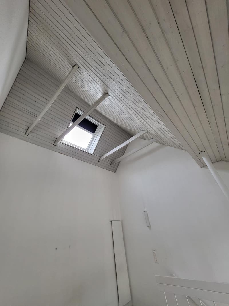 empty room with wooden ceiling, white walls, a window on the ceiling, white railing