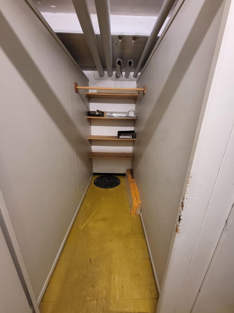narrow hallway, yellow floor, shelves mounted on wall, hatch on floor