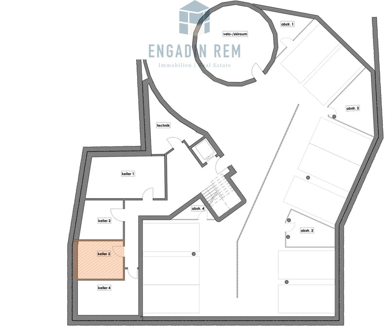Kellerabteil und Autoeinstellplätze im Untergeschoss / Basement: cellars an parking spaces / Semiinterrato: cantine e posti auto