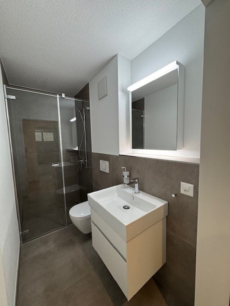 bathroom with shower, white toilet, white vanity, mirror, illuminated mirror