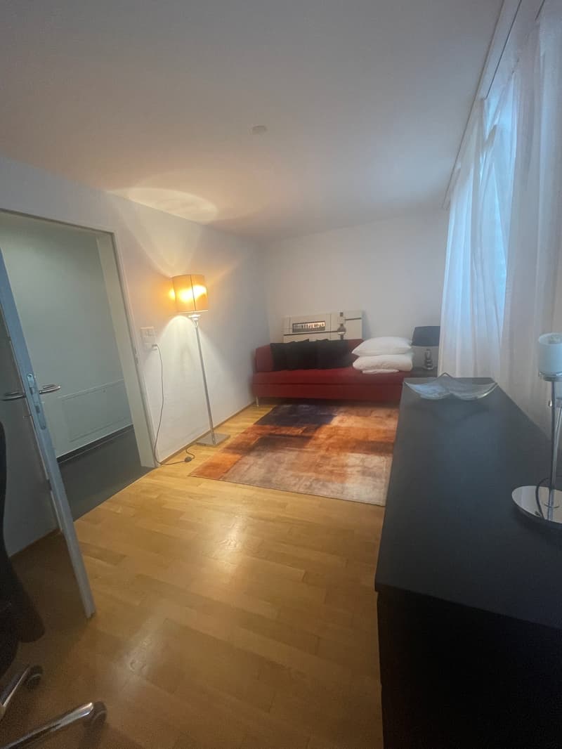 Spacious bedroom with hardwood floors, white walls, a red sofa, and a private washing machine visible in the room.