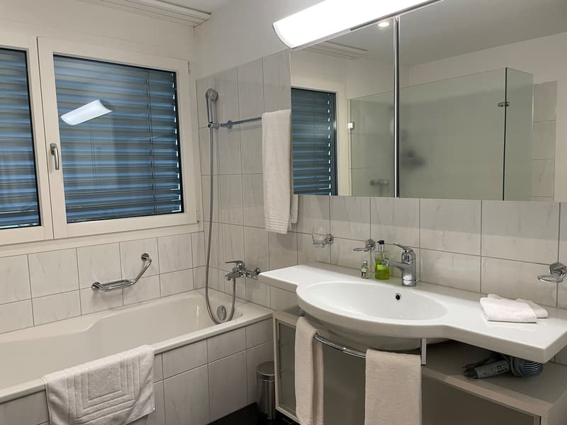 Spacious bathroom with tiled walls, large vanity sink, mirror cabinet, and a bathtub with shower. There is a towel rack and a private washing machine visible.