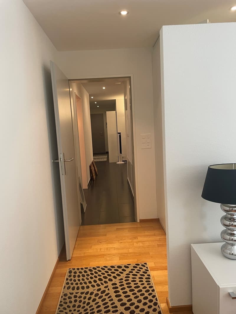 The image shows a hallway with a hardwood floor, white walls, and a doorway leading to another room. There is a decorative rug on the floor and a lamp on a side table.