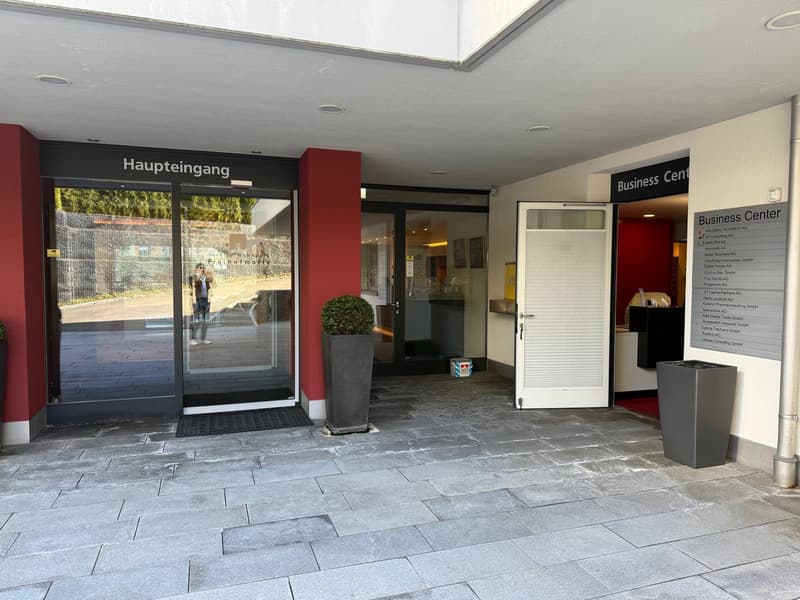 Main entrance of a building with glass doors, red pillars, and a gray floor. There are two potted plants on either side of the entrance.