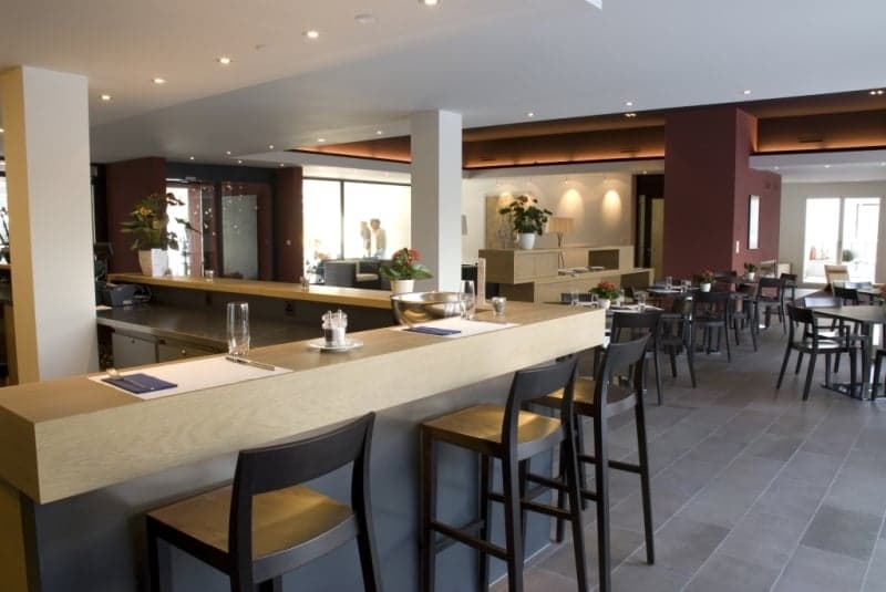 modern interior, bar counter, dining tables, chairs, plants, large windows