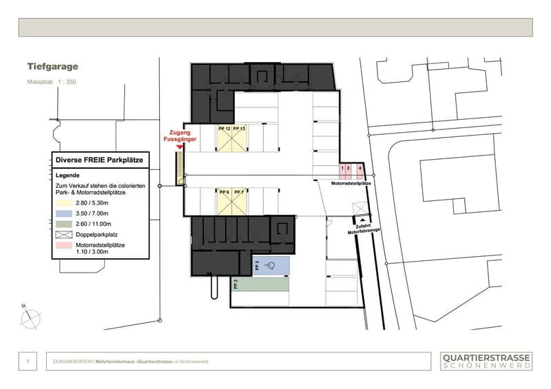 Entrance hall, multiple parking spaces (single, double, motorcycle) and garage