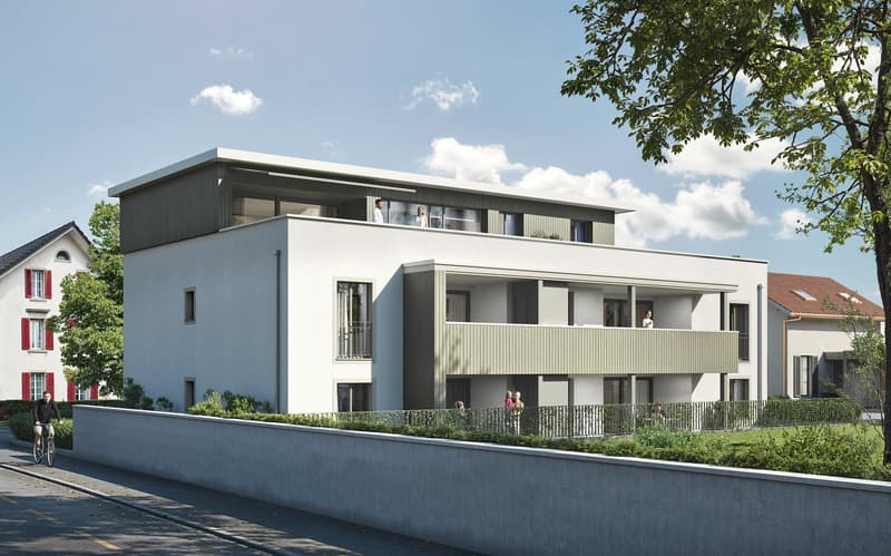 A newly built 3-story house with a terrace on the first floor, multiple windows, and a small garden