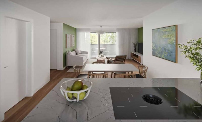 open kitchen, dining area, large balcony, grey and white colors, modern furniture, white couch, wooden flooring