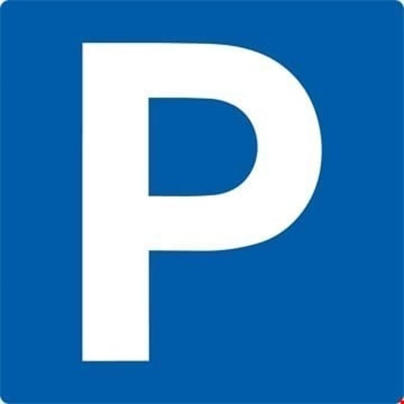 Blue square with a white parking symbol on it.