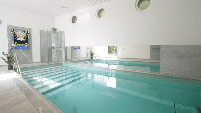 Tiled swimming pool, glass shower, indoor wall art, potted plants