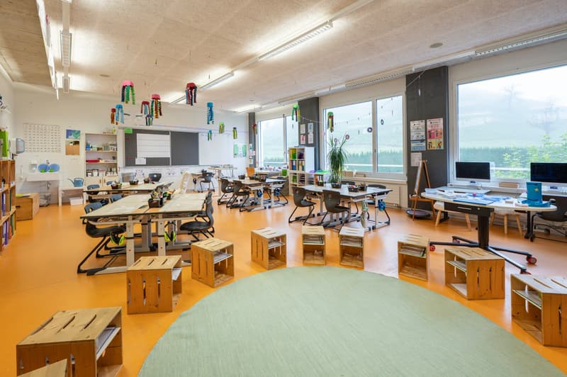 classroom with tables, chairs, desks, bookshelves, green rug, monitors, plant