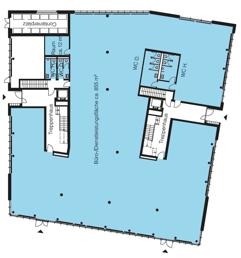 2 storey building with 2 staircases, office/service area, 2 bathrooms, 2 staircases, container place