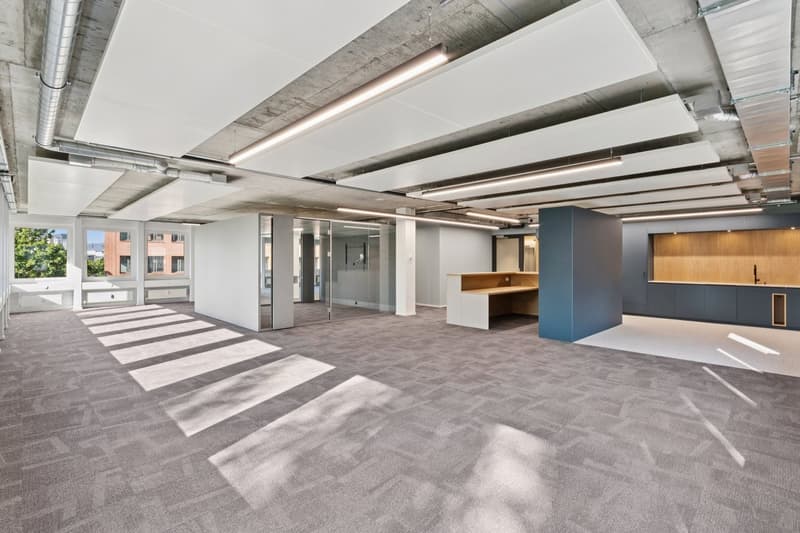 Beispiel für ausgebautes Büro mit autarkem Sitzungszimmer, Empfangstheke und Teeküche