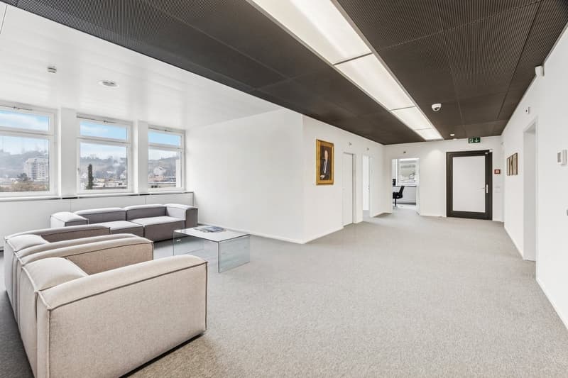 large living room, grey couch, glass table, large windows