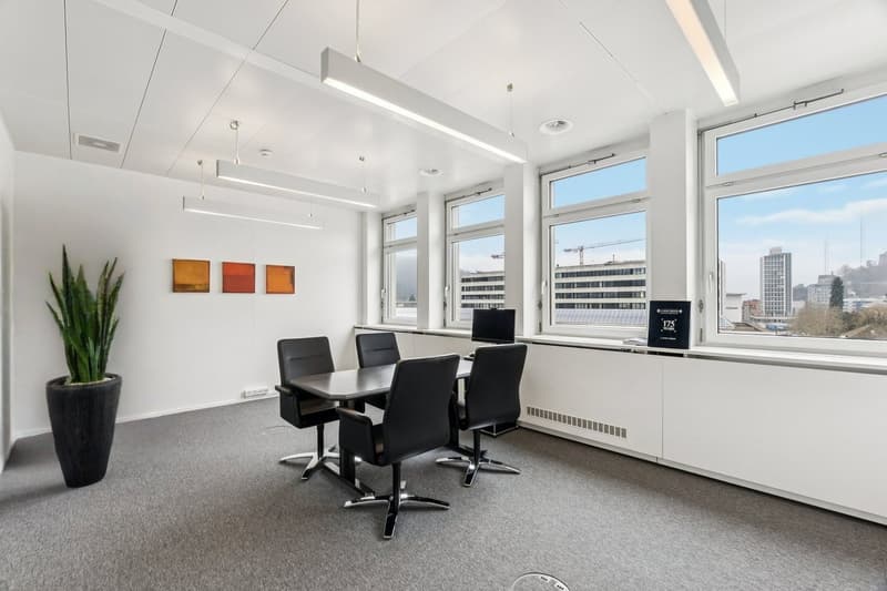 modern meeting room with gray carpet, black office chairs around a desk, pendant lights, white painted walls, black potted plant, 2 large windows