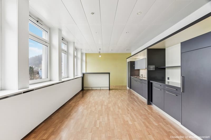 modern empty room, wooden floor, white ceiling, modern kitchen with countertops and cabinets, large windows