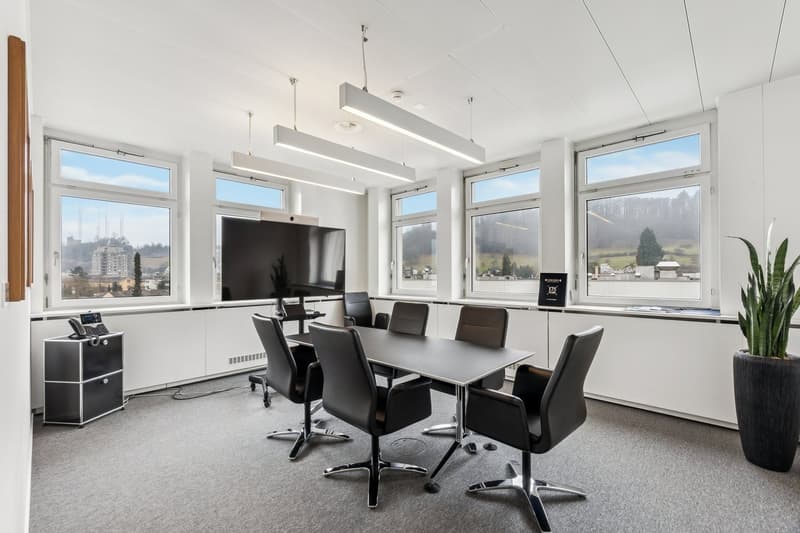 empty conference room with a table, chairs, a large TV, a plant, gray carpeted floor, white walls, and large windows with a scenic view