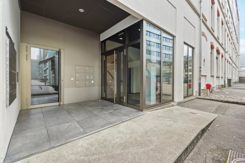 modern apartment building entrance, glass doors, letter boxes, concrete pathway, modern architecture