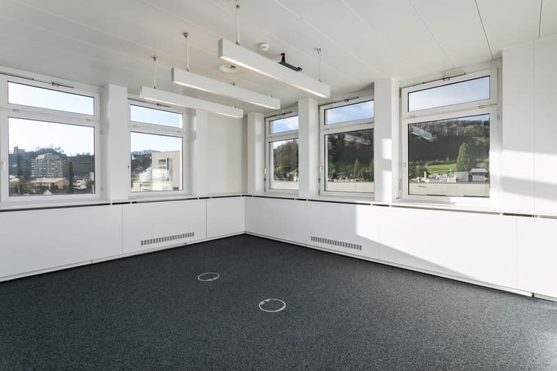 modern office, gray carpet, white walls, multiple windows, natural light, open space