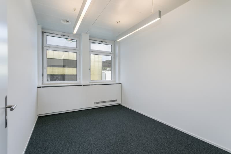 Empty room with white walls, ceiling, gray floor, two windows, one glass door