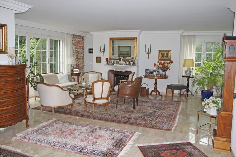 white walls, fireplace, large windows, wooden furniture, rugs, plants, lamps, picture frames, table, stool