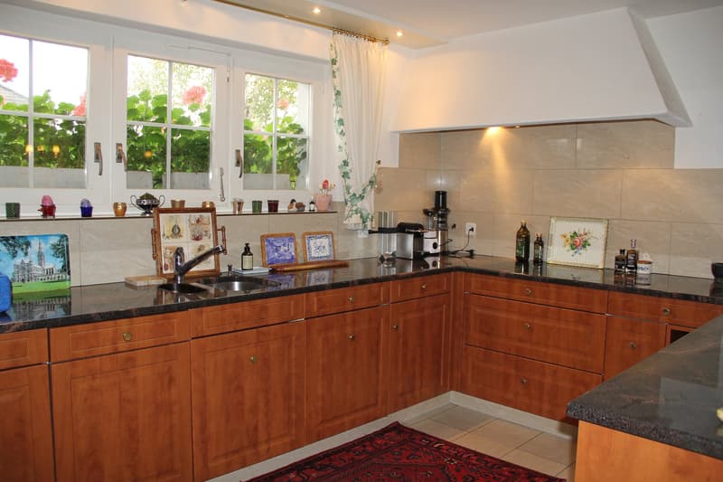 modern kitchen with wooden cabinets, granite countertops, sink, faucet, appliances, decorative items, tiled floor, windows with curtains