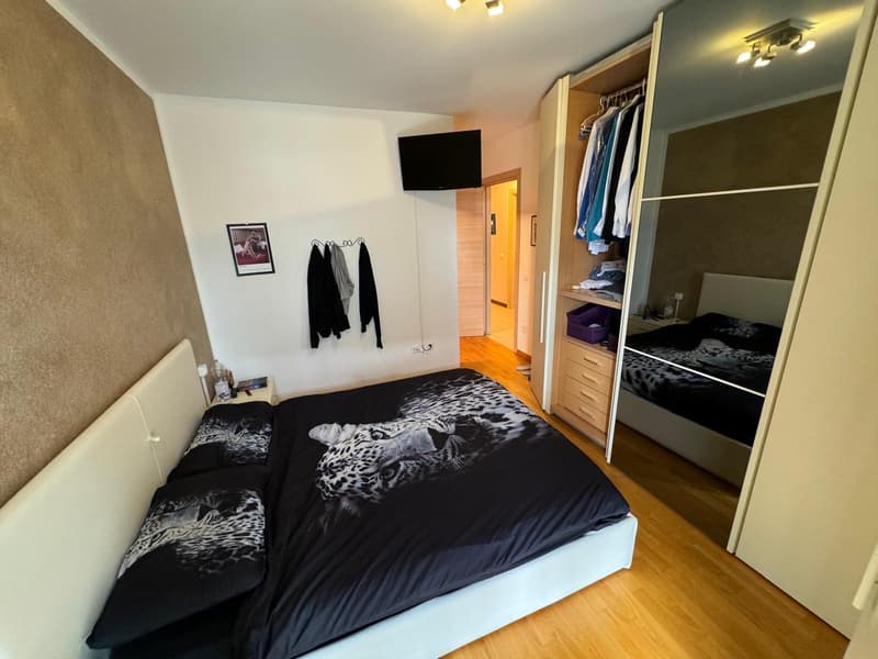 The image shows a bedroom with a large bed covered in a black and white leopard print comforter. There is a TV mounted on the wall, a closet with sliding doors, and a framed artwork on the wall. The room has hardwood floors and appears to be well-lit.