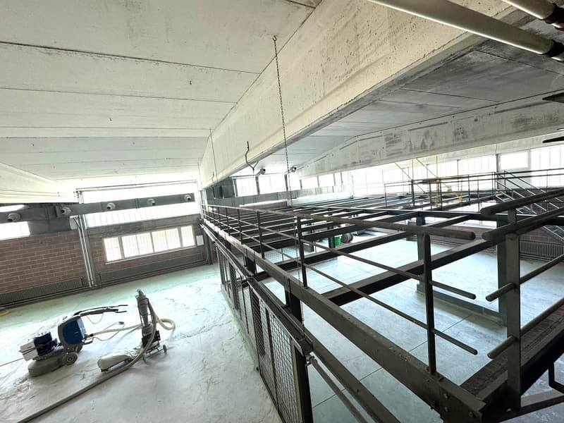 Open space with metal railings, metal cages, brick walls, industrial ventilation, and machinery on the floor.
