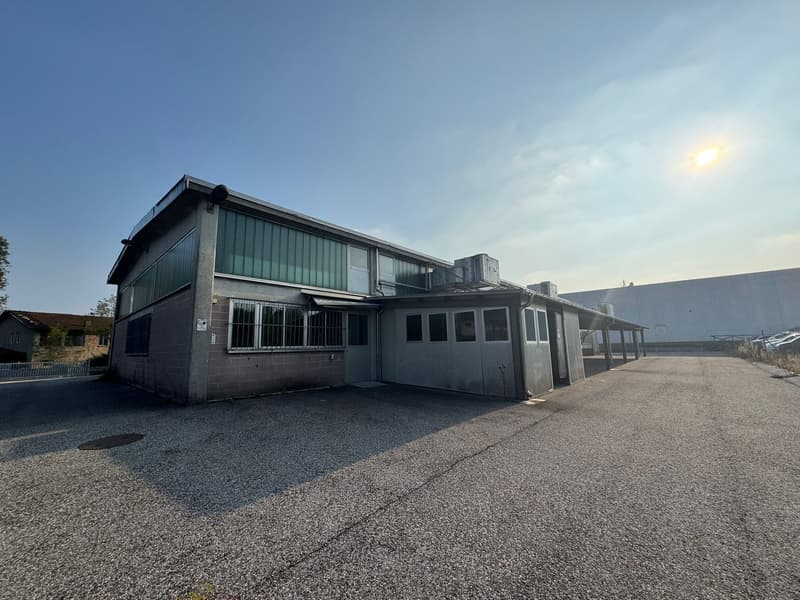 large warehouse, white exterior, large windows, wide entrance, grey gravel pavement, cloudy sky
