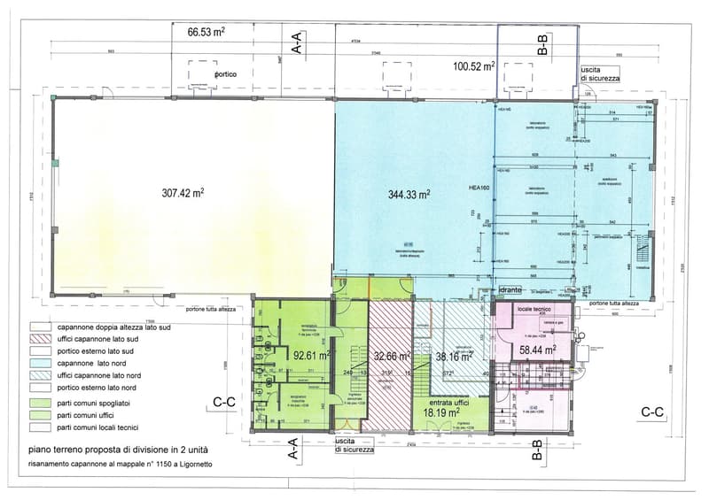 Multiple areas labeled with dimensions, labeled sections for different types of spaces