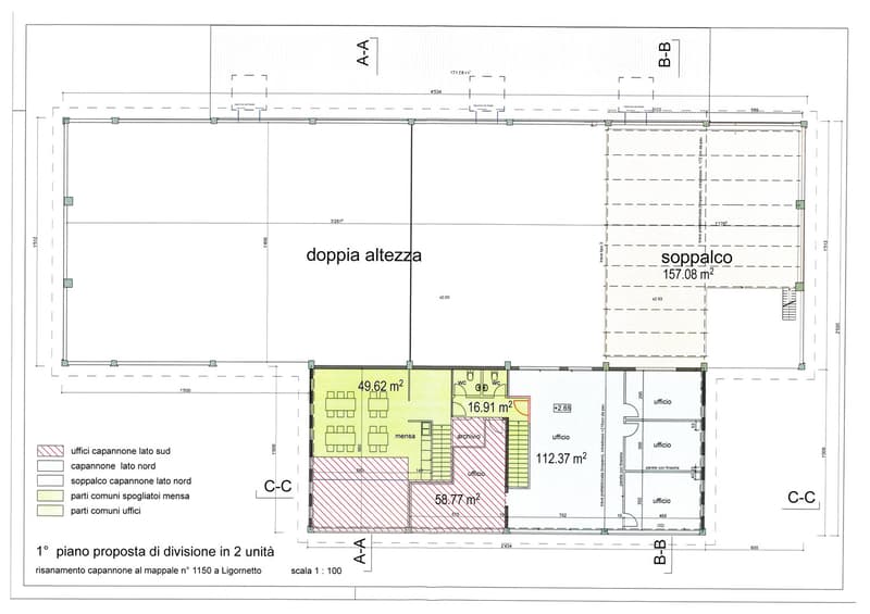 Office layout with specific areas designated for mensa, archivio, and ufficio, featuring a mezzanine level with additional ufficio spaces and a capannone area, also with designated mensa, archivio, and ufficio zones, connected by shared corridor spaces.