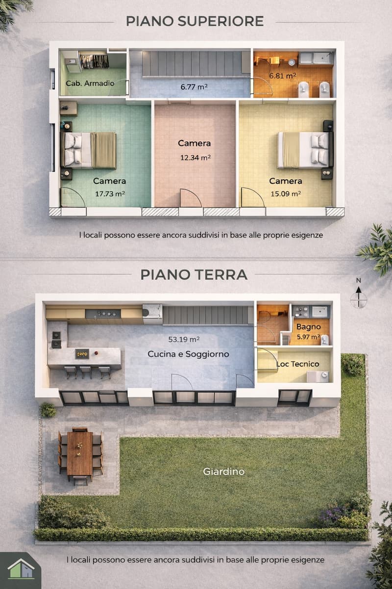 living room, kitchen, 3 bedrooms, 2 bathrooms, terrace, storage, dining area