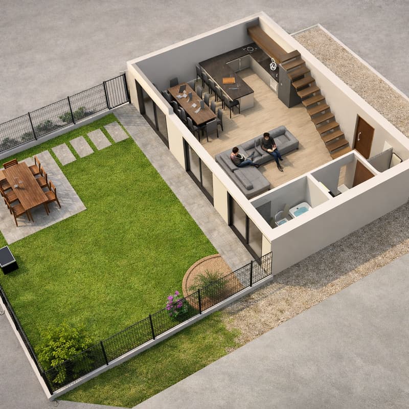 dining table with chairs, L-shaped sofa, kitchen with bar, staircase, 2 bedrooms, bathroom