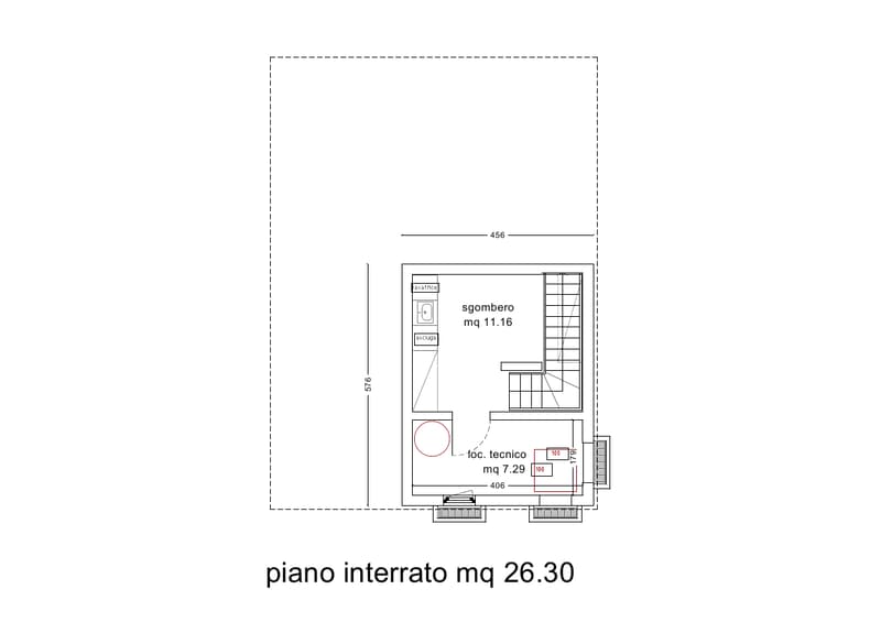 The image shows a floor plan with a living room/bedroom area labeled 'sgombero mq 11.16' and a technical room labeled 'loc. tecnico mq 7.29'. The total area of the plan is 26.30 square meters.