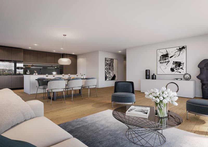 Open-concept living and dining area with hardwood floors, gray and white furniture, modern lighting fixtures, artwork on the walls, and a coffee table with decorative elements.