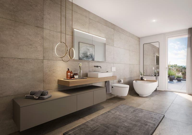 Spacious bathroom with large wall tiles, floating vanity with wooden countertop, vessel sink, wall-mounted mirror, and a view through the window