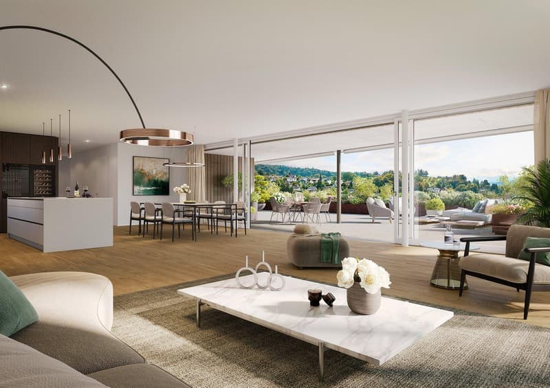 Spacious open-concept living area with large windows offering a scenic view, hardwood flooring, modern furniture including a marble coffee table, and a dining area with a chandelier-style lighting fixture.