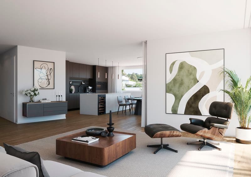 modern living room, wooden floor, white walls, large windows, open kitchen, dining area, modern furniture, artwork, plants