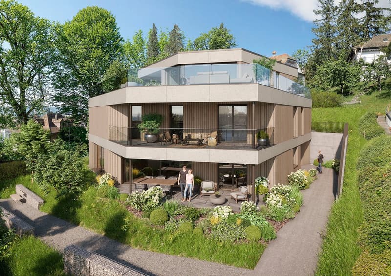 Modern house, 3 floors, glass balconies, garden, patio, trees, pathway
