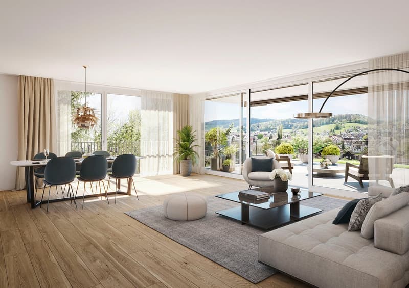 open plan living room, dining area, large windows, balcony, wooden floor, modern furniture, plants