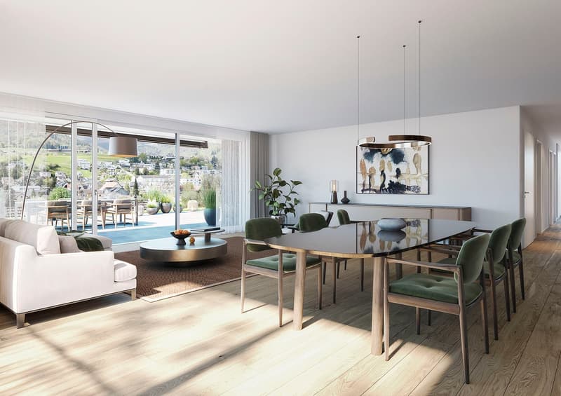 modern living room with large windows, wooden floor, white couch, dining table, green chairs, modern lamps, painting, plants, table with fruits