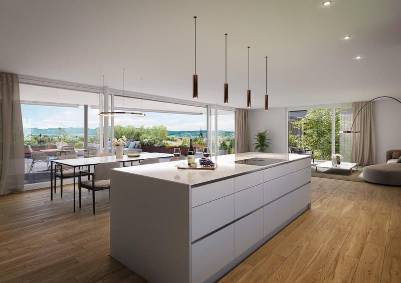 modern kitchen with island, large windows, wooden floor, dining table, wine glasses, bottle, grapes, plants, lamps