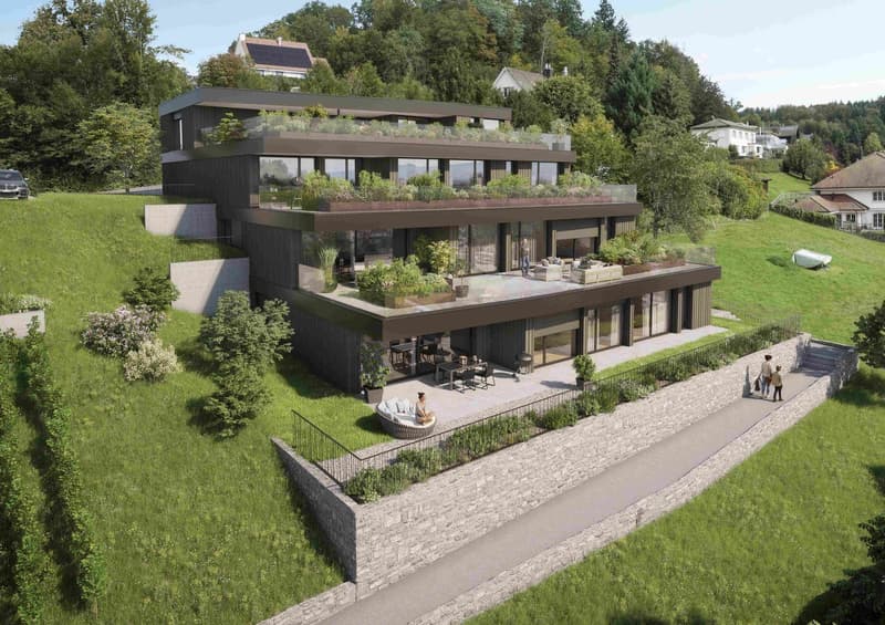 modern house, raised ground floor, multiple terraces, green roof, surrounded by greenery