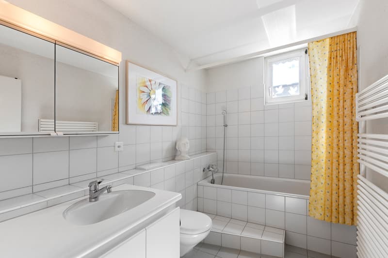 white tiles, bathtub, shower, toilet, sink, mirror, towel rack, picture frame, radiator
