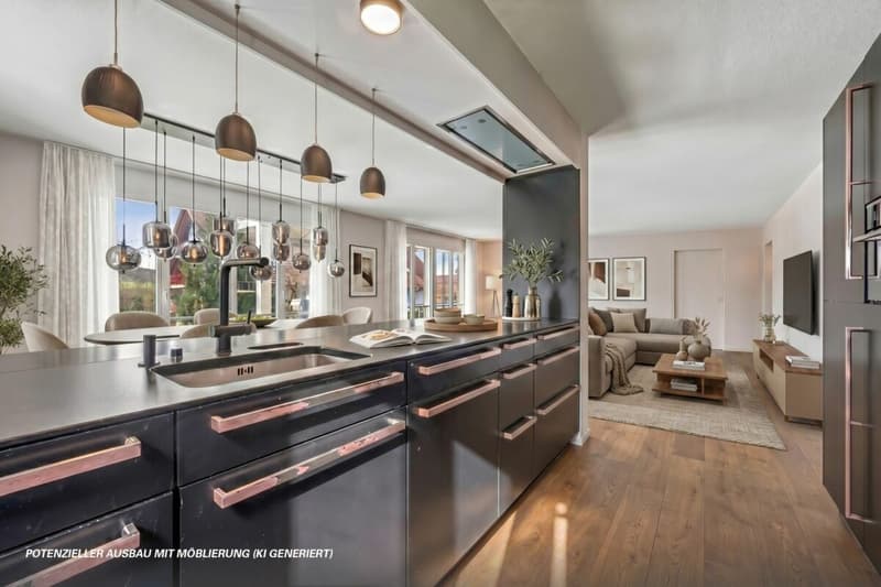 Offene Küche mit Blick ins Wohn- uns Esszimmer