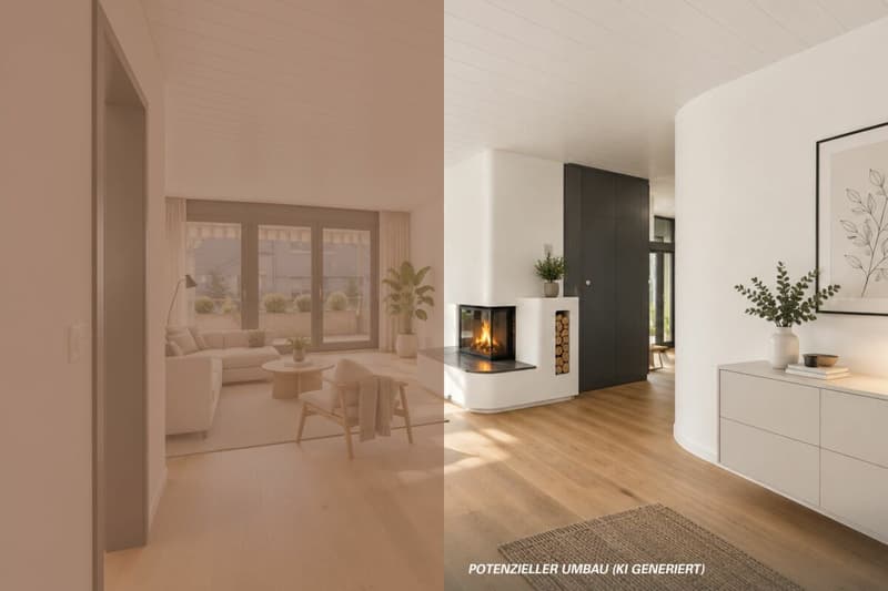 KI-Visualisierung: Offenes Wohn- und Esszimmer mit Cheminée